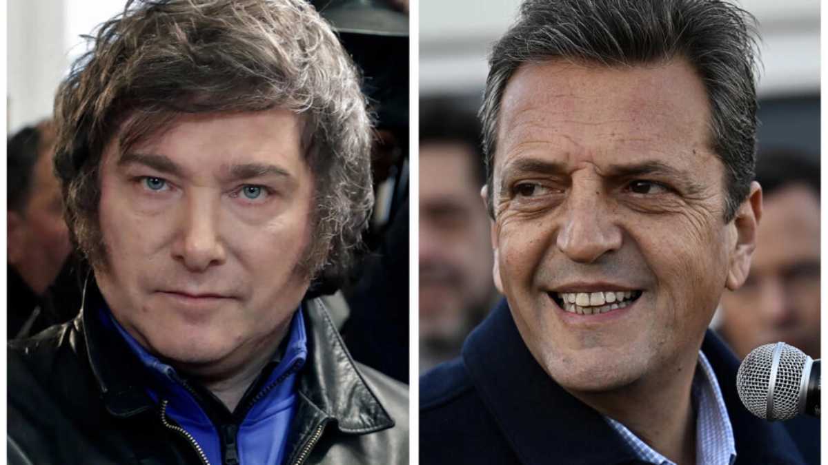 Javier Milei y el ministro de Economía Sergio Massa disputan en la elección presidencial en Argentina, el 19 de noviembre de 2023. Foto: AFP