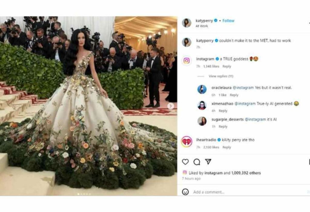 La cantante estadounidense Katy Perry causó confusión al colgar fotos falsas generadas mediante inteligencia artificial. Foto: Redes Sociales 